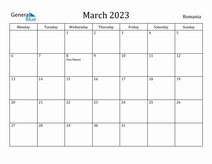 March 2023 Calendar Romania