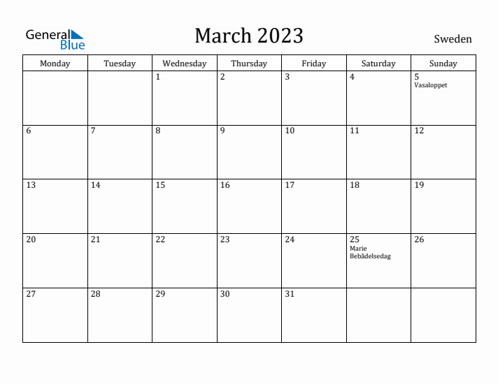 March 2023 Calendar Sweden
