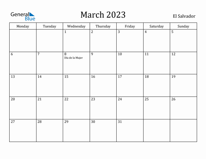 March 2023 Calendar El Salvador