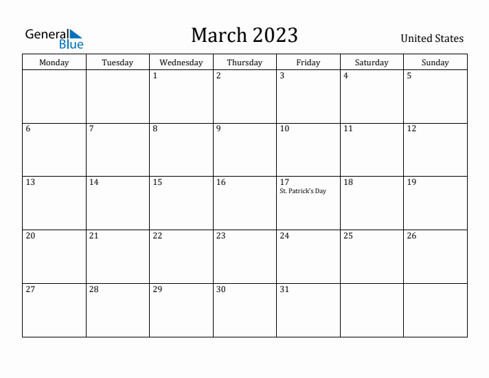 March 2023 Calendar United States