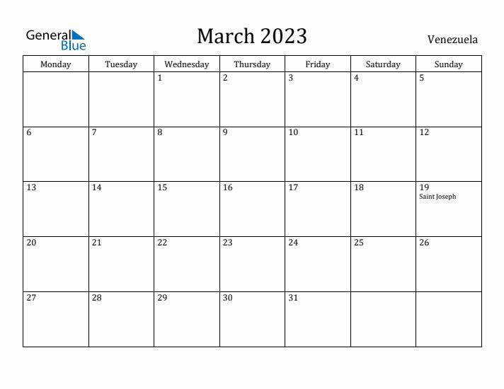 March 2023 Calendar Venezuela
