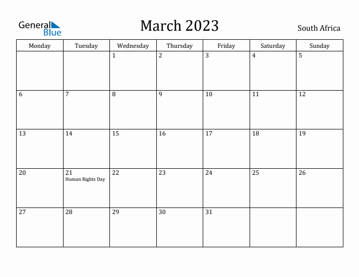 March 2023 Calendar South Africa