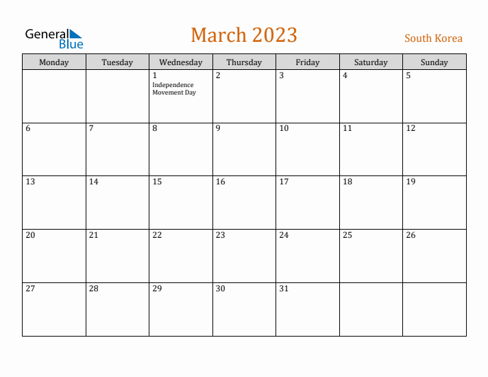 March 2023 Holiday Calendar with Monday Start