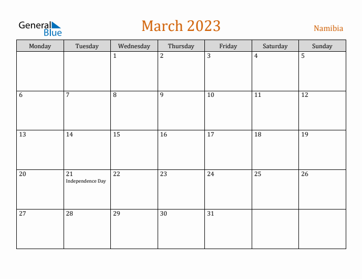March 2023 Holiday Calendar with Monday Start