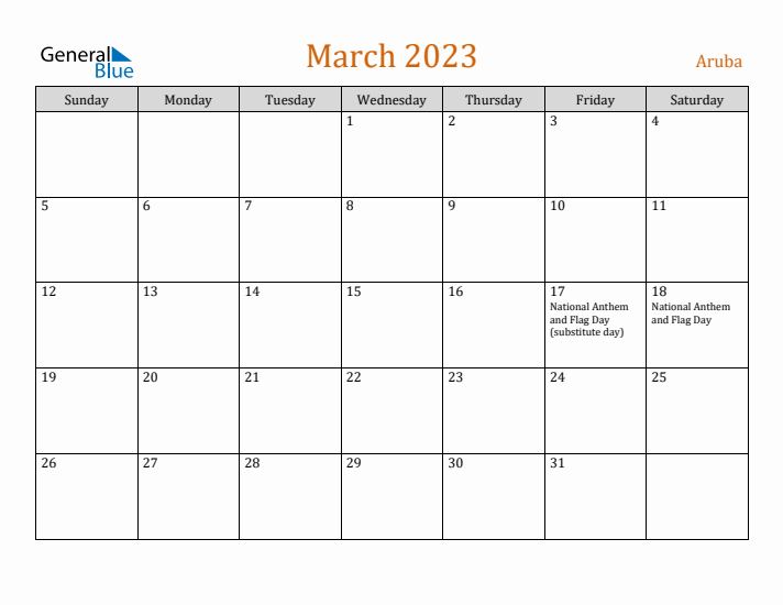 March 2023 Holiday Calendar with Sunday Start