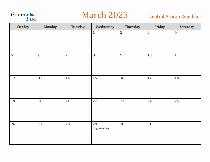 March 2023 Holiday Calendar with Sunday Start