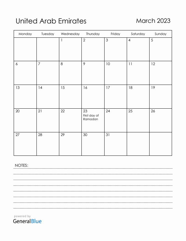 March 2023 United Arab Emirates Calendar with Holidays (Monday Start)