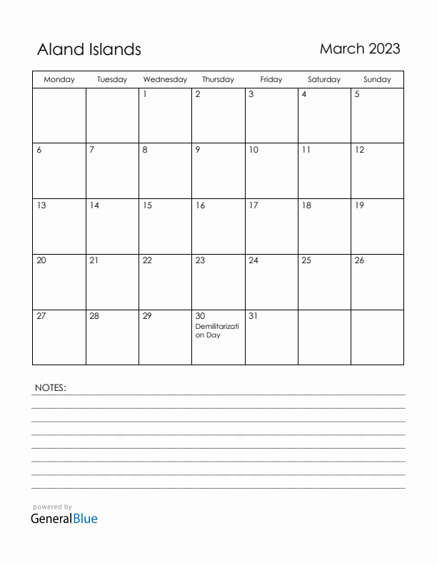 March 2023 Aland Islands Calendar with Holidays (Monday Start)