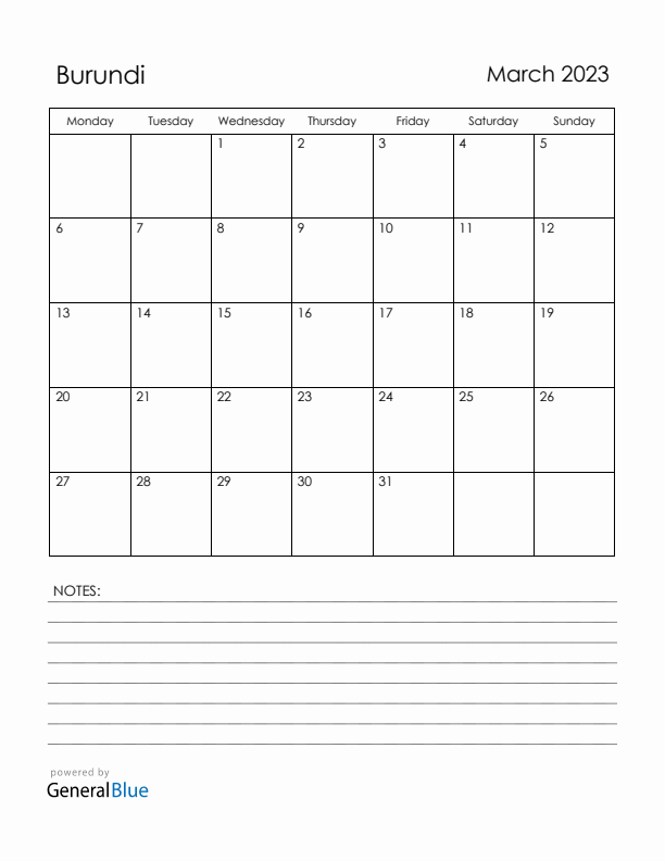 March 2023 Burundi Calendar with Holidays (Monday Start)