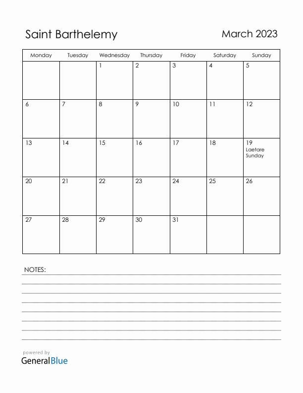 March 2023 Saint Barthelemy Calendar with Holidays (Monday Start)