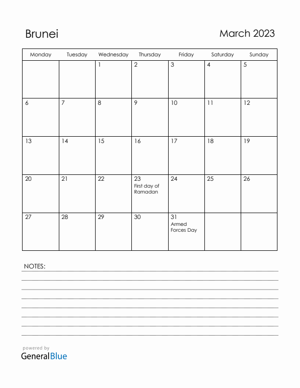 March 2023 Brunei Calendar with Holidays (Monday Start)