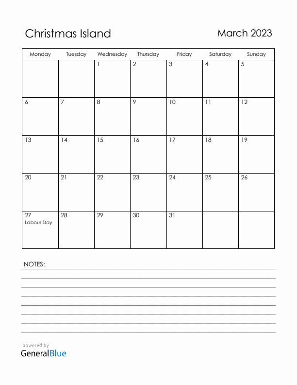 March 2023 Christmas Island Calendar with Holidays (Monday Start)