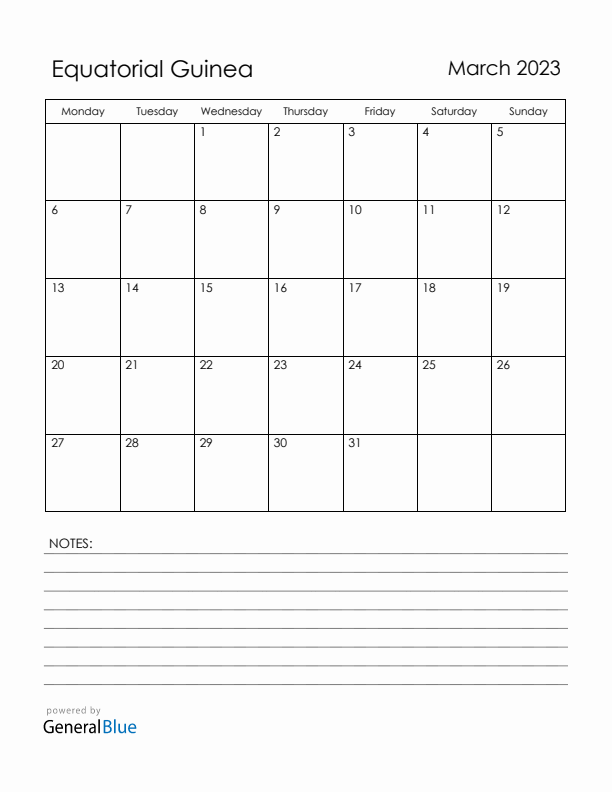 March 2023 Equatorial Guinea Calendar with Holidays (Monday Start)