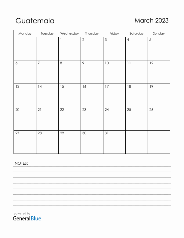March 2023 Guatemala Calendar with Holidays (Monday Start)