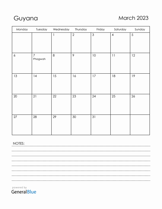 March 2023 Guyana Calendar with Holidays (Monday Start)