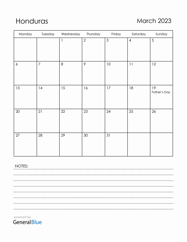 March 2023 Honduras Calendar with Holidays (Monday Start)