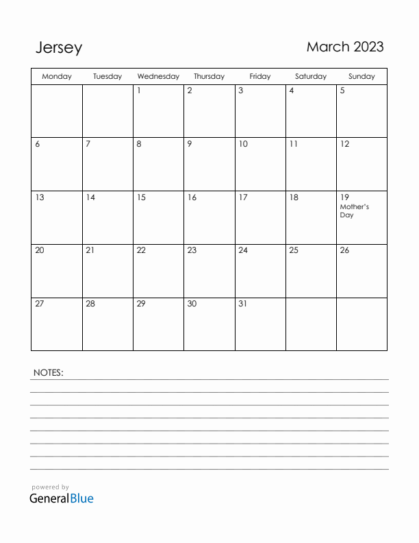 March 2023 Jersey Calendar with Holidays (Monday Start)