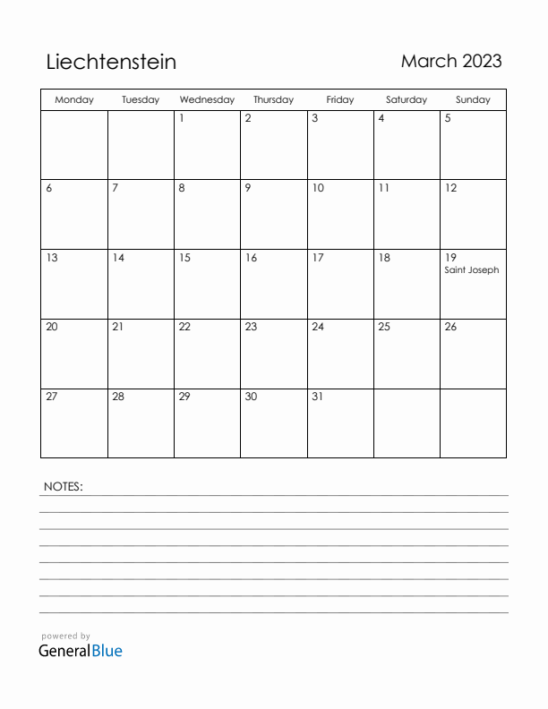 March 2023 Liechtenstein Calendar with Holidays (Monday Start)