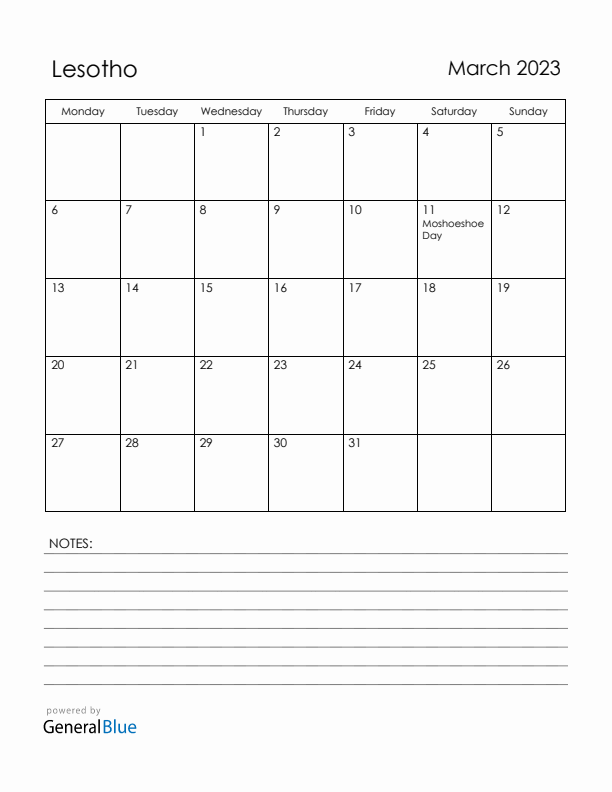 March 2023 Lesotho Calendar with Holidays (Monday Start)