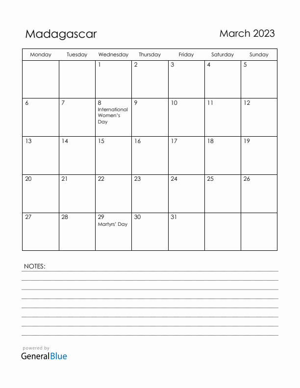 March 2023 Madagascar Calendar with Holidays (Monday Start)