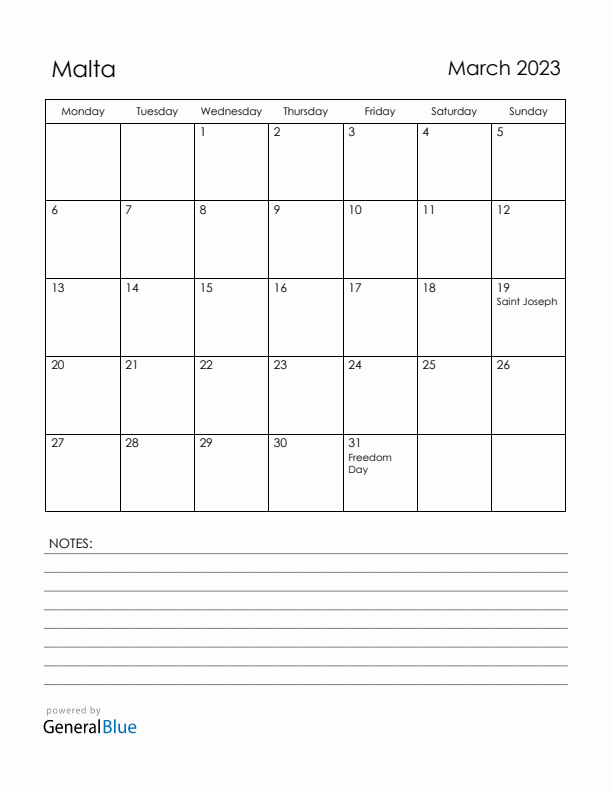 March 2023 Malta Calendar with Holidays (Monday Start)