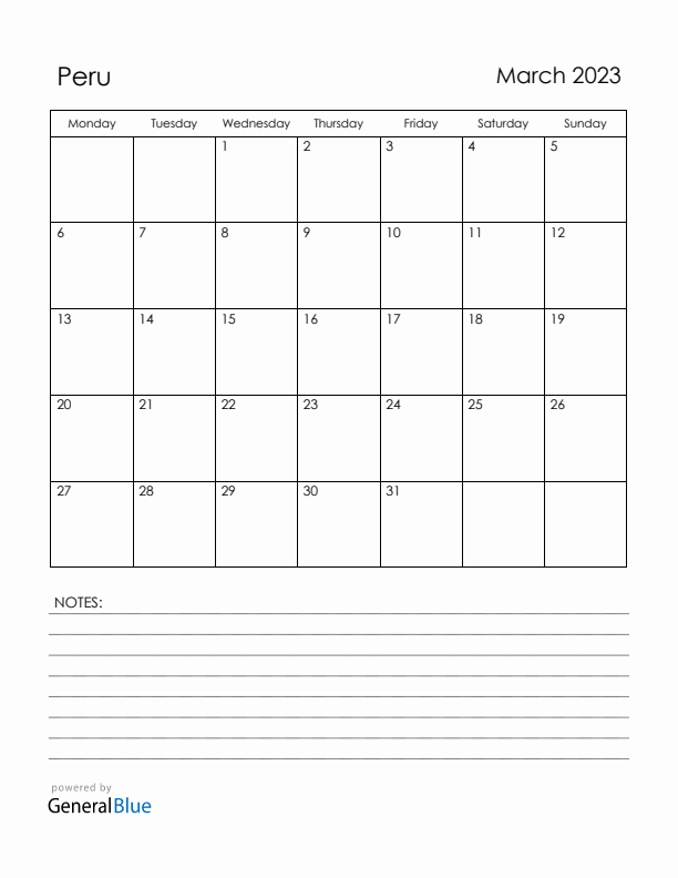 March 2023 Peru Calendar with Holidays (Monday Start)