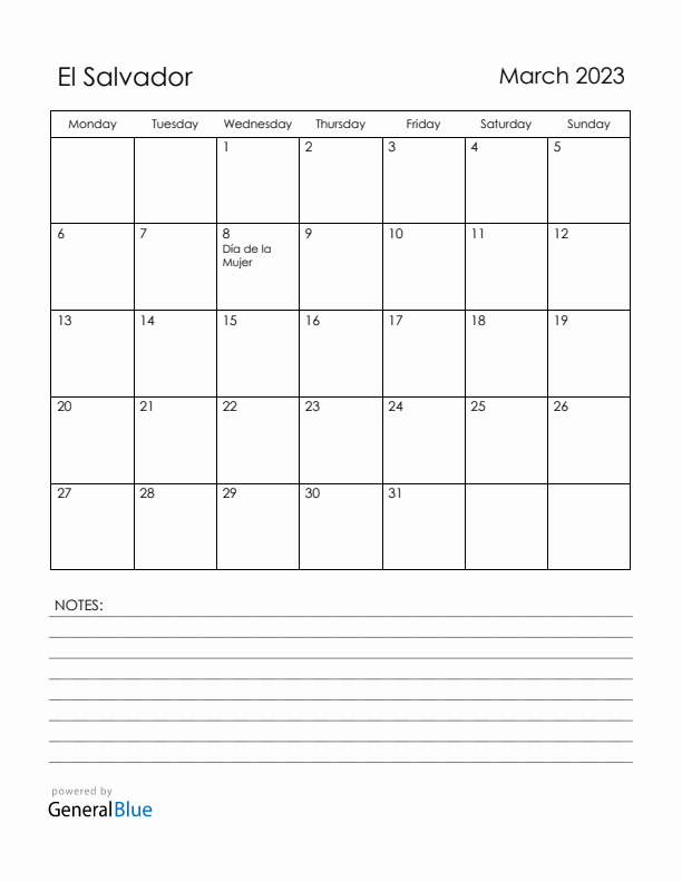 March 2023 El Salvador Calendar with Holidays (Monday Start)