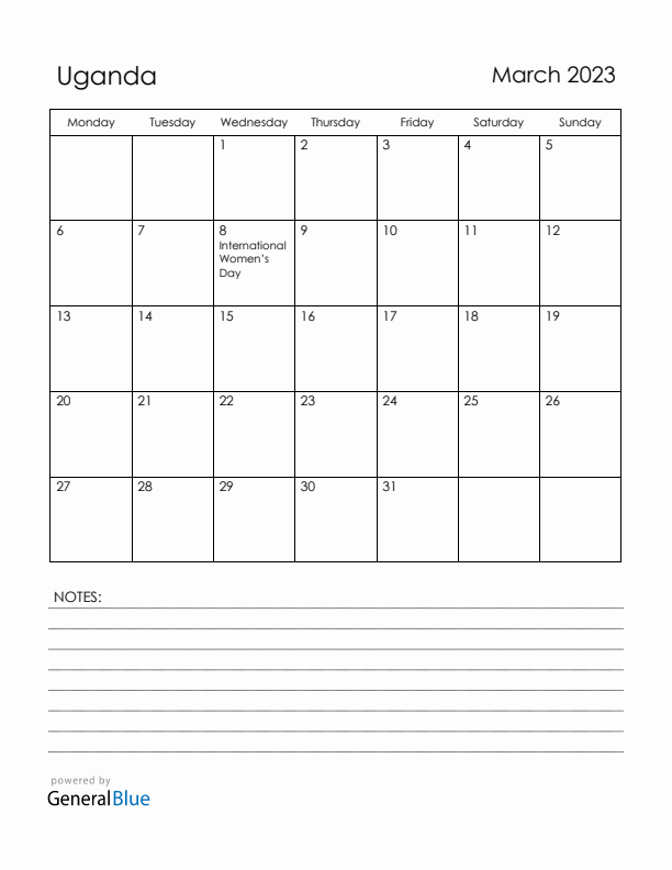 March 2023 Uganda Calendar with Holidays (Monday Start)