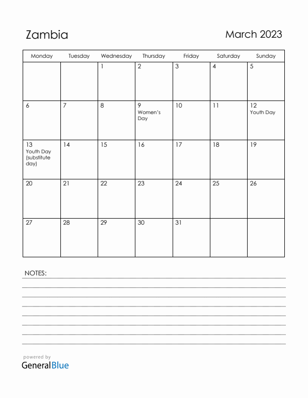 March 2023 Zambia Calendar with Holidays (Monday Start)