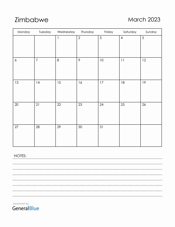 March 2023 Zimbabwe Calendar with Holidays (Monday Start)