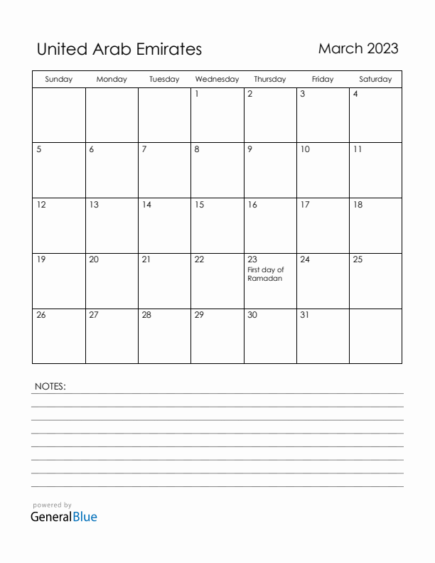 March 2023 United Arab Emirates Calendar with Holidays (Sunday Start)