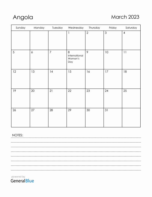 March 2023 Angola Calendar with Holidays (Sunday Start)