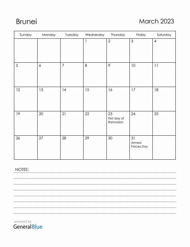 March 2023 Brunei Calendar with Holidays (Sunday Start)