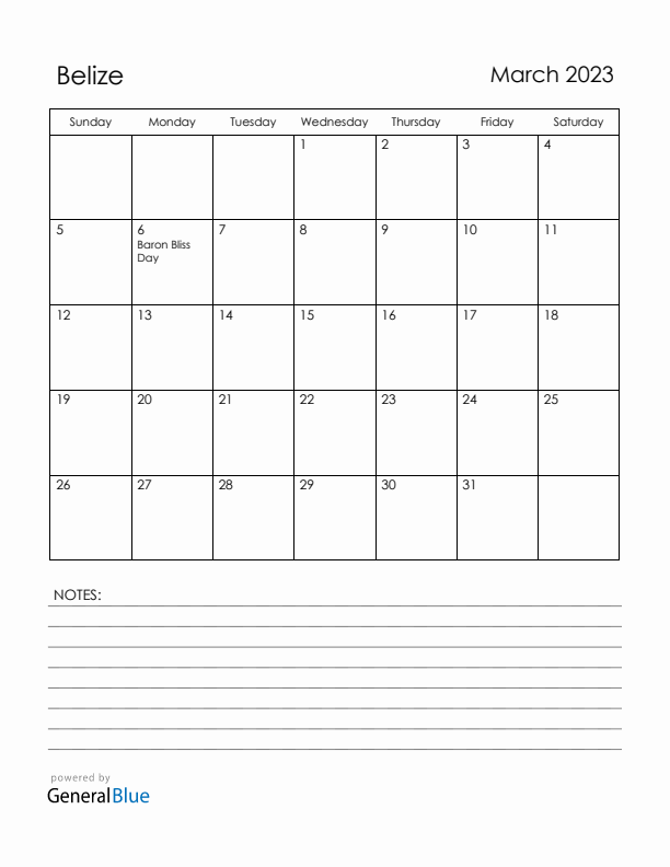 March 2023 Belize Calendar with Holidays (Sunday Start)