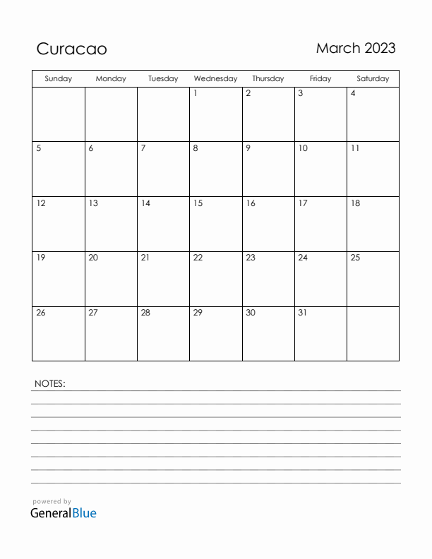 March 2023 Curacao Calendar with Holidays (Sunday Start)