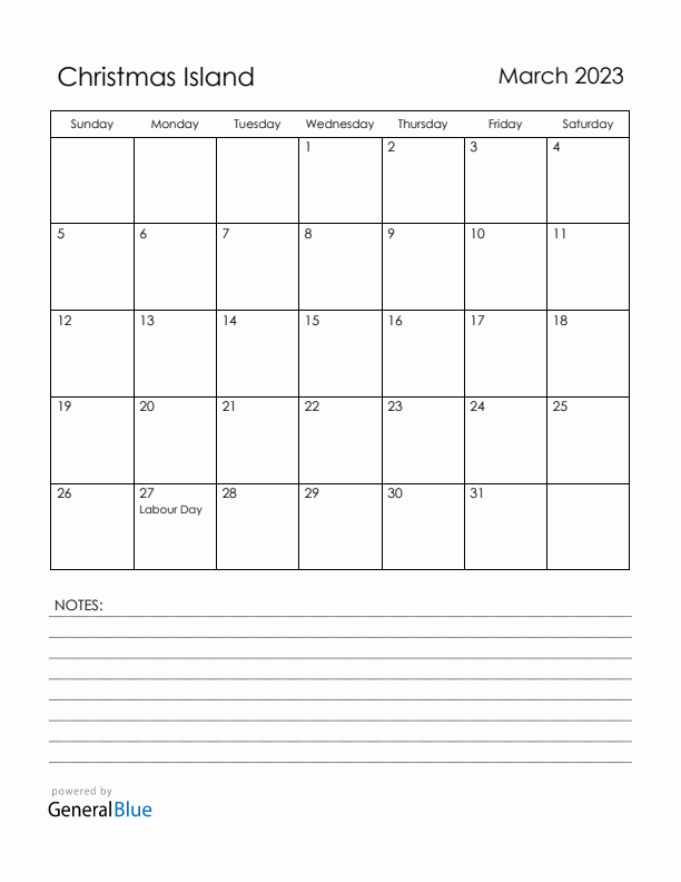 March 2023 Christmas Island Calendar with Holidays (Sunday Start)