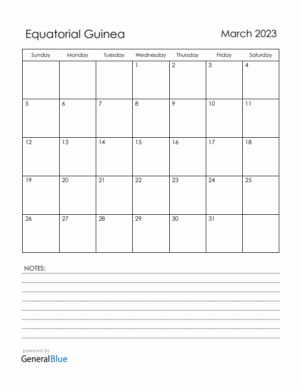 March 2023 Equatorial Guinea Calendar with Holidays (Sunday Start)