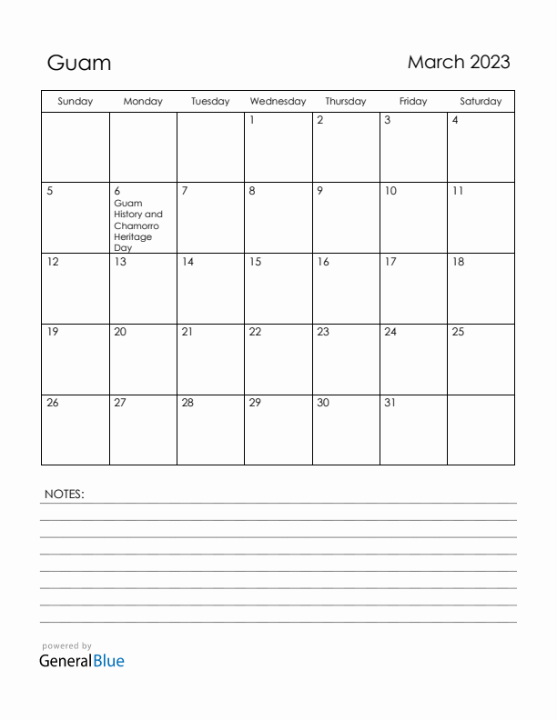 March 2023 Guam Calendar with Holidays (Sunday Start)
