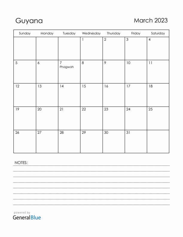 March 2023 Guyana Calendar with Holidays (Sunday Start)