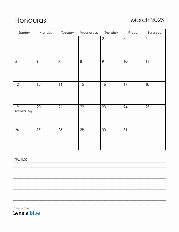 March 2023 Honduras Calendar with Holidays (Sunday Start)