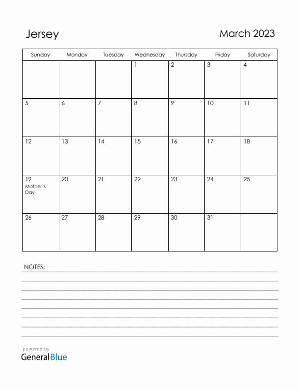 March 2023 Jersey Calendar with Holidays (Sunday Start)