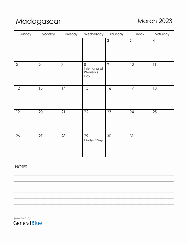 March 2023 Madagascar Calendar with Holidays (Sunday Start)