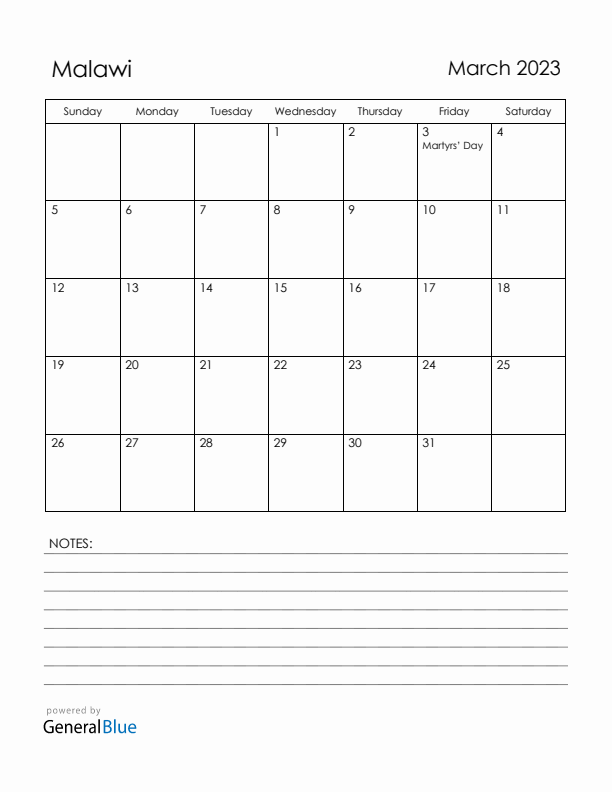 March 2023 Malawi Calendar with Holidays (Sunday Start)