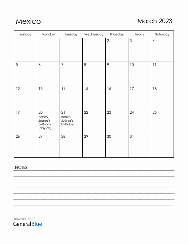 March 2023 Mexico Calendar with Holidays (Sunday Start)