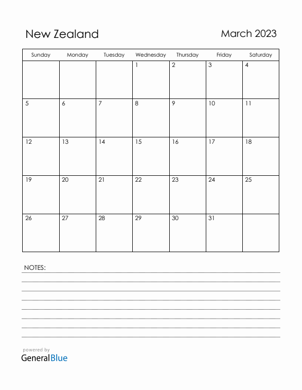 March 2023 New Zealand Calendar with Holidays (Sunday Start)