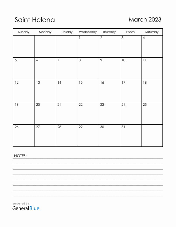 March 2023 Saint Helena Calendar with Holidays (Sunday Start)