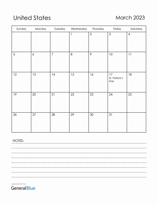 March 2023 United States Calendar with Holidays (Sunday Start)