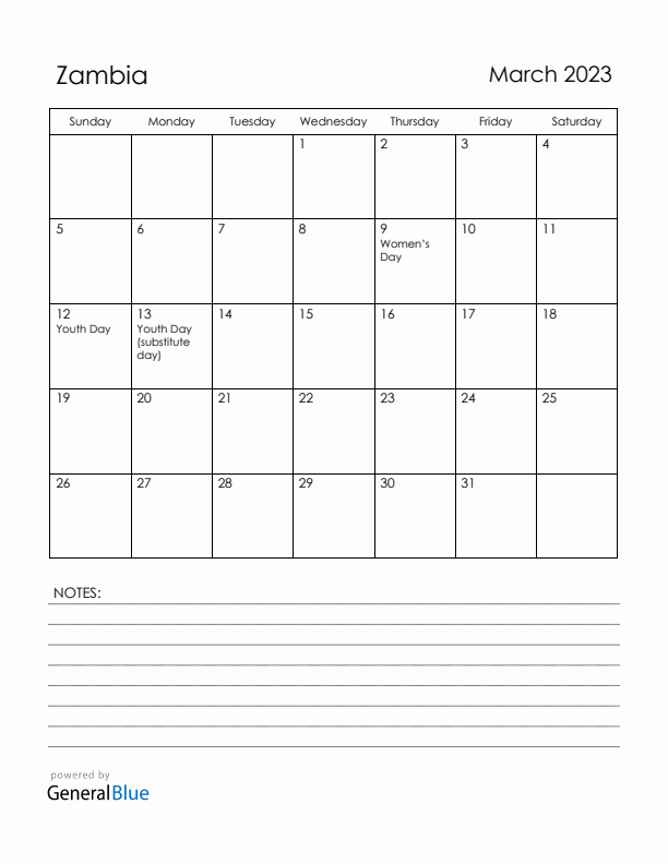 March 2023 Zambia Calendar with Holidays (Sunday Start)