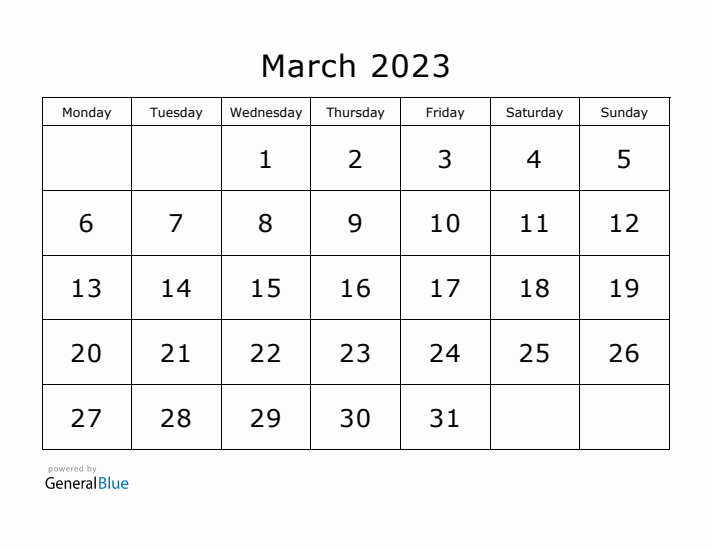 Printable March 2023 Calendar - Monday Start