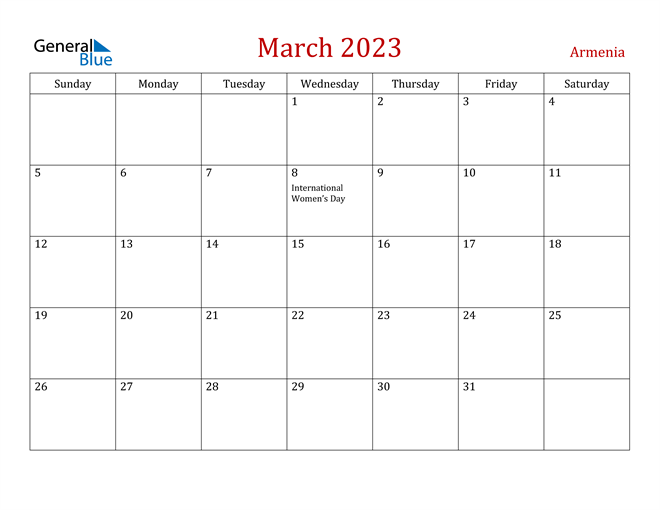 Armenia March 2023 Calendar